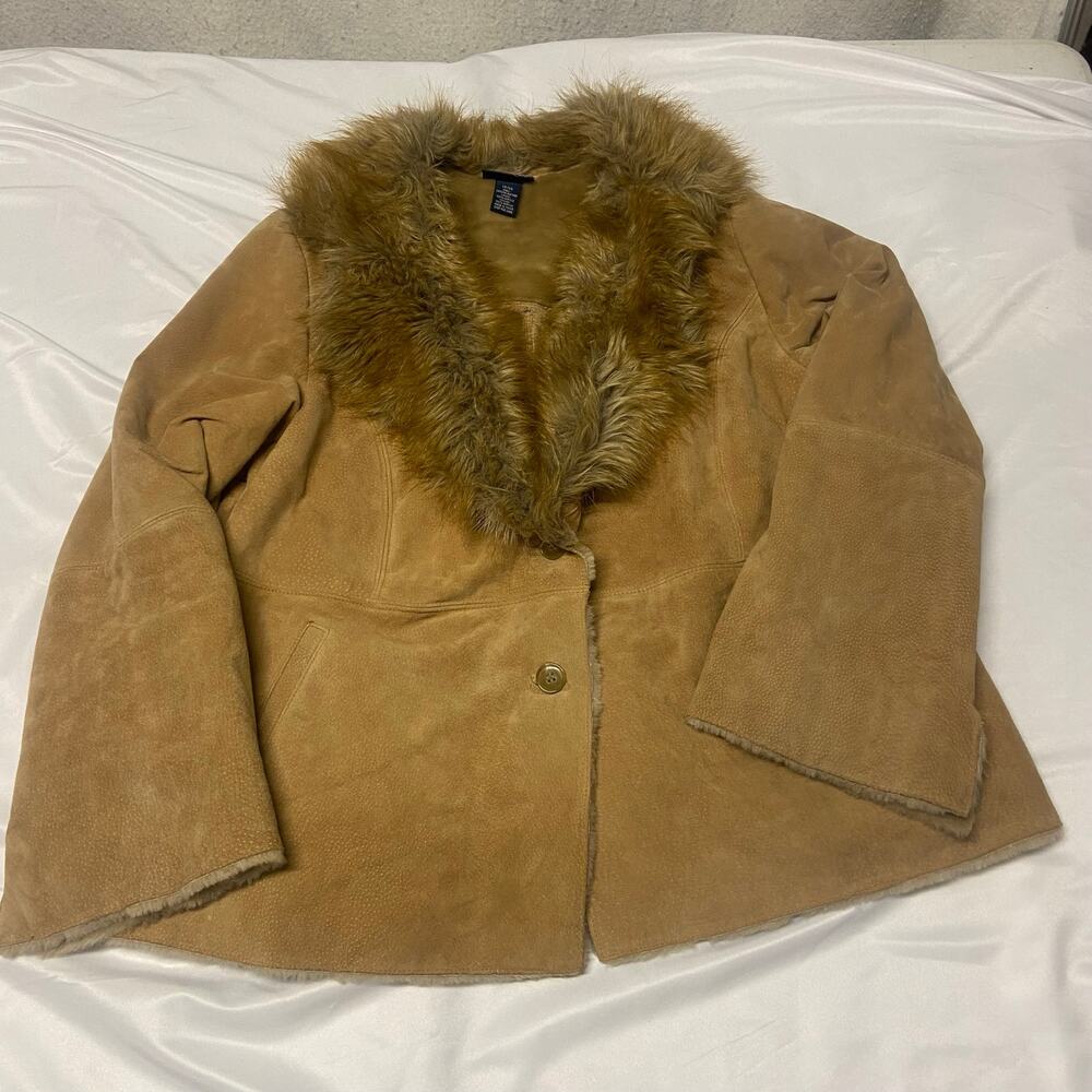 Venezia Jeans Clothing Genuine Leather Coat Faux Fur Collar & Lining 1990's  Y2K